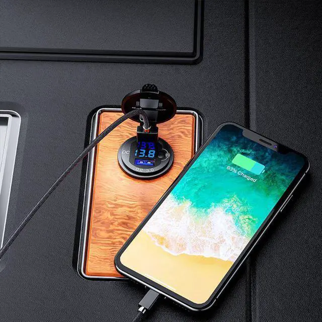 Alt view image 5 of 5 - 12V/24V Aluminum QC3.0 Dual USB Car Charger Fast Charge with Voltmeter Switch N0HC