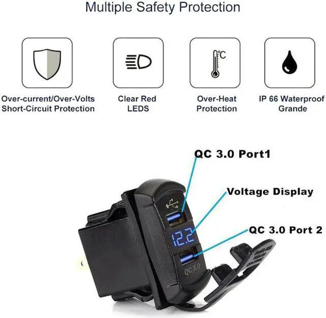 Alt view image 3 of 5 - Charge 3.0 Dual USB Rocker Switch QC 3.0 Fast Charger LED Voltmeter for Boats Car Truck Motorcycle Smartphone Tablet