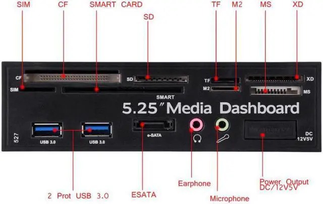 Alt view image 5 of 5 - 5.25inch PC Multifunction Media Dashboard USB3.0 e-SATA Power Port Audio SIM/SMART Multi Card Reader supports M2/TF/SD/XD/MS/CF