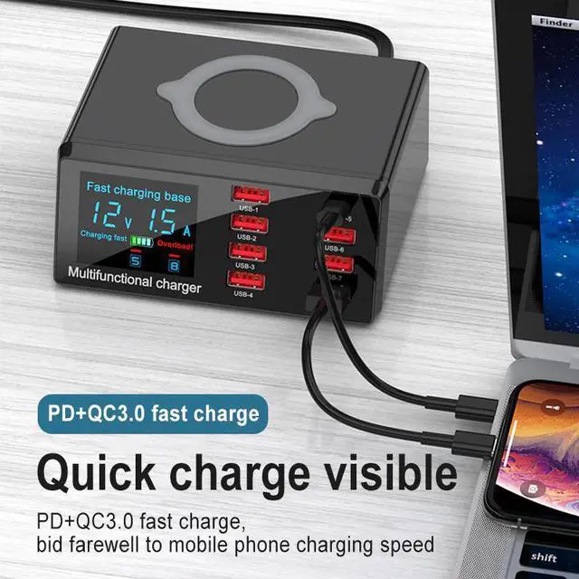Alt view image 2 of 5 - 100W 8 Ports USB Charger Quick Charge 3.0 Adapter HUB Wireless Charger Charging Station PD Fast Charger For IPhone 11 Samsung
