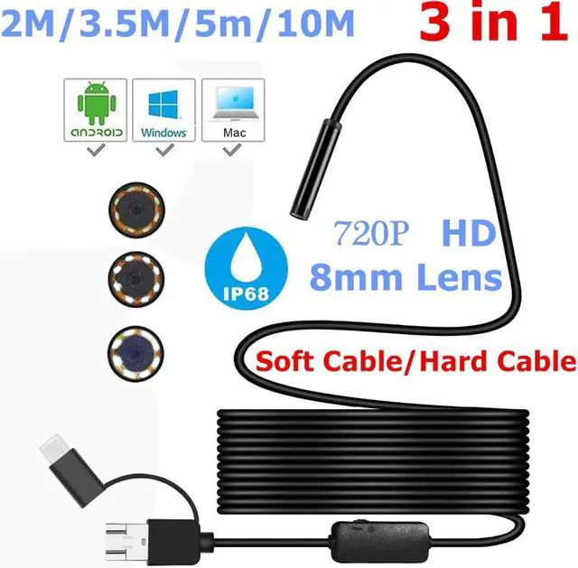Main image of 720P 8mm Endoscope Camera Usb Type-C 3 In 1 Android Camera Borescope For Android Phone PC Laptop Otoscope Inspection IP68 Camera