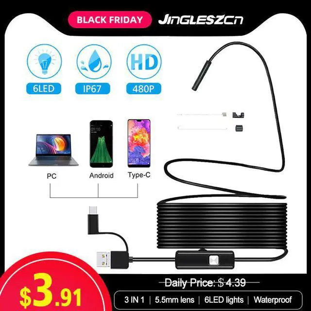 Main image of 3 in 1 7mm Android Endoscope Camera IP67 Waterproof Inspection Borescope Camera with 6 led lights for Android Samsung PC Type-C