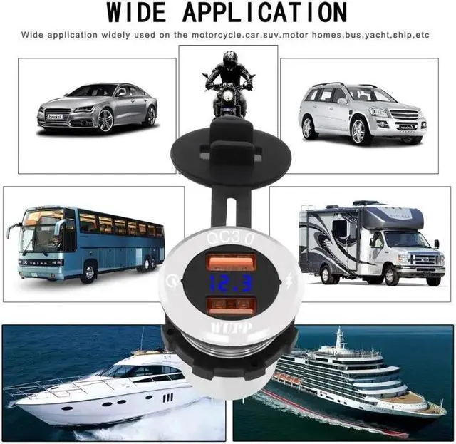 Alt view image 5 of 5 - 12V/24V Aluminum Waterproof Dual QC 3.0 USB Fast Charger Socket Power Adapter With Voltmeter for Car Marine Boat Motorcycle Truc