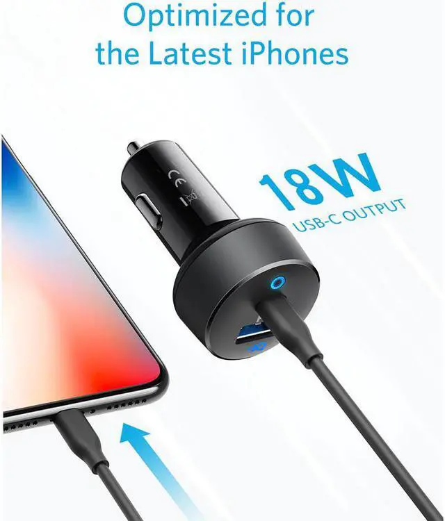 Alt view image 2 of 5 - Car Charger USB C 30W 2-Port with 18W Power Delivery and 12W PowerIQ PowerDrive PD 2 with LED for iPad iPhone and  more