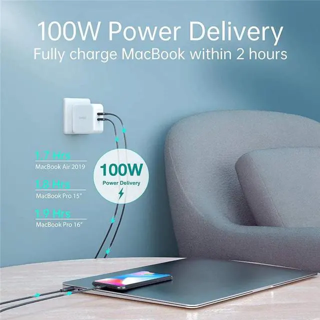 Alt view image 2 of 5 - 100W GaN Dual USB Type-C Charger for iPad Pro Wall Charger for iPhone 11 Pro Phone for Samsung/Huawei/ASUS/Lenovo/DELL Tablet