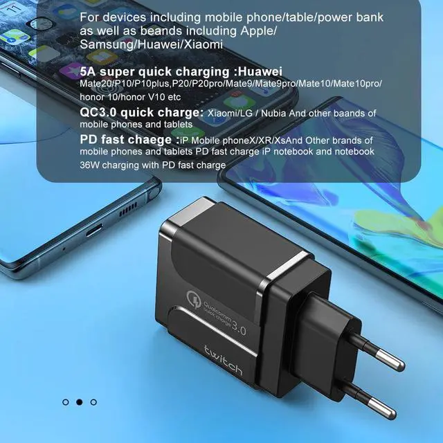 Alt view image 5 of 5 - Quick Charge 3.0 PD Type C USB Charger For Samsung iPhone Huawei Tablet QC 3.0 Fast Charger Mobile Phone Wall Adapter LED
