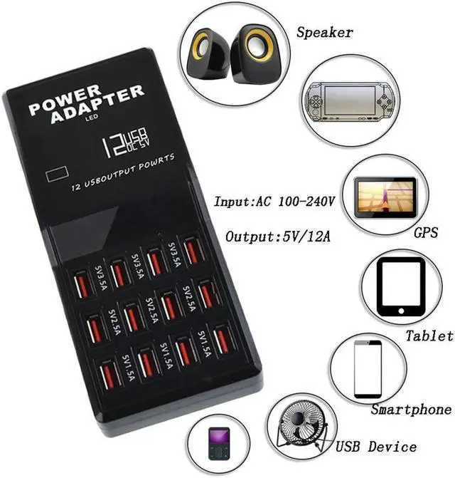 Alt view image 3 of 5 - 12 Port Multiple USB Charger 5V 12A Output Max 0.3A Input Charging HUB Desktop Adapter Fast Charger for Phone Tablet PC 858