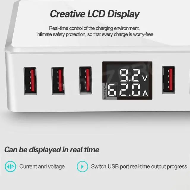 Alt view image 3 of 5 - 6 Ports USB Charger QC 3.0 Fast Charging Smart LCD Digital Display Multi-Port Travel Charger Station Quick Charge USB Charging