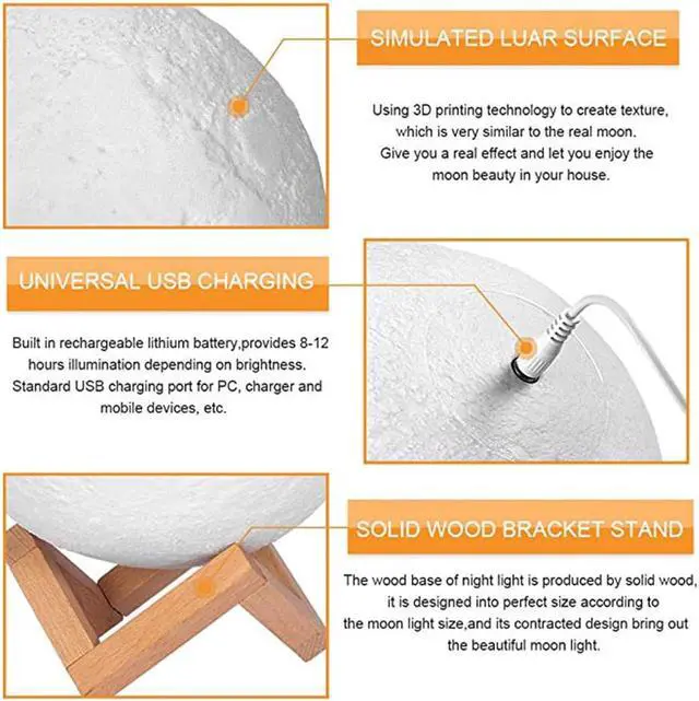 Alt view image 4 of 5 - 3D Print Moon LED Table Lamps USB Night Light Touch Sensor Rechargeable Dimming Night Lamp Kids Baby Birthday Gift Dropshiping