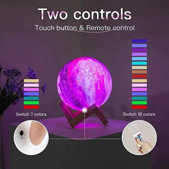 Alt view image 4 of 5 - Galaxy Lamp 16 Colors Bedside Moon Lamp Kids Night Light LED 3D Ball Light USB Rechargeable Gift for Baby Girls Boys Birthday