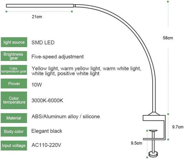 Alt view image 2 of 5 - Arm Table Lamp 64 LEDs Clip Flexible Led Desk Lamp 5 level Brightness&Color Eye Protection For Bedroom Reading Study Office