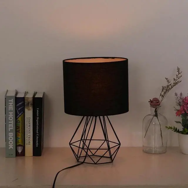 Alt view image 3 of 5 - Retro Geometric Table Lamp Drum Shade Bedside Home Lighting Light for Bedroom Living Study Room Lamp