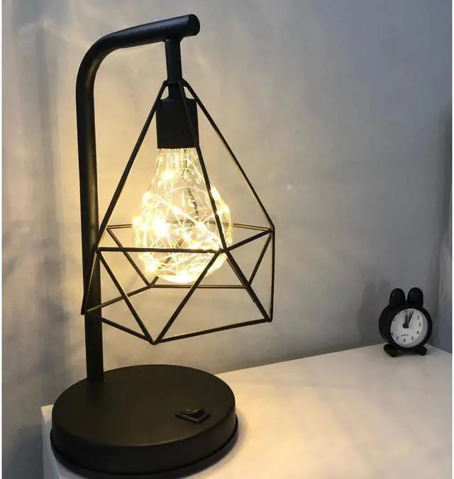 Alt view image 5 of 5 - Retro Iron Art Minimalist Table Lamp AA Battery Hollow Diamond Shape Reading Lamp Vintage NightLight Bedroom Bedside Light