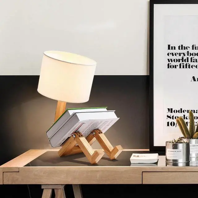Alt view image 4 of 5 - Robot Shape Table Lamp LED EU/AU/US Plug Flexible Adjustable Folding Reading Light Wooden Fabric Bedside Lamp Luminaria
