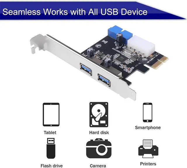 Alt view image 3 of 6 - USB 3.0 PCI-E Expansion Card Adapter 2 Port External USB3.0 Hub Internal 19pin Header PCI-E Card 4pin IDE Power Connector