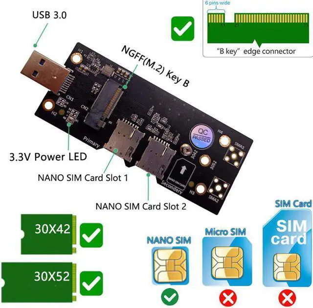 Alt view image 2 of 5 - M.2 to USB 3.0 Adapter Expansion Card with Dual NANO SIM Card Slot for WLAN/LTE 3G/4G/5G Module Support M.2 key B 3042/3052