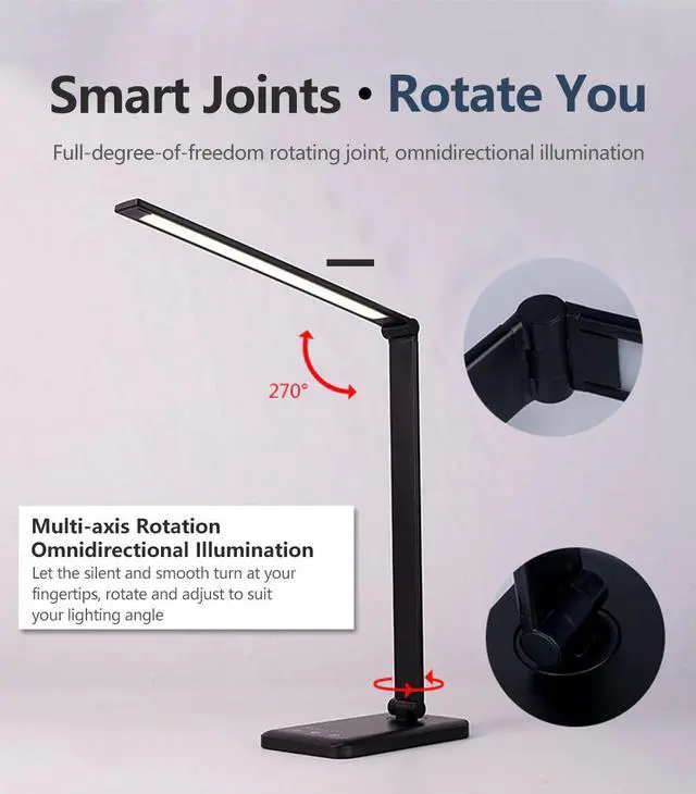 Alt view image 5 of 5 - Rotatable LED Desk Lamp 3 Modes 5 Dimmable Levels Touch USB Powered Reading Light Eye-protect with Timer Led Table Lamp