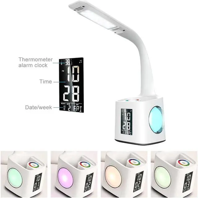 Alt view image 5 of 5 - Desk Lamp With USB Charging Port Night Lamp Alarm Clock Thermometer Calendar 3-Level Dimmer Table Lamp With Pen Holder
