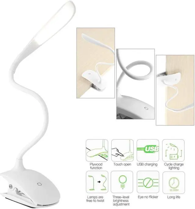 Main image of Bended White LED Desk Lamps with Clamp Clip ABS Rechargeable USB Energy Saving Touch Switch Table Lamps