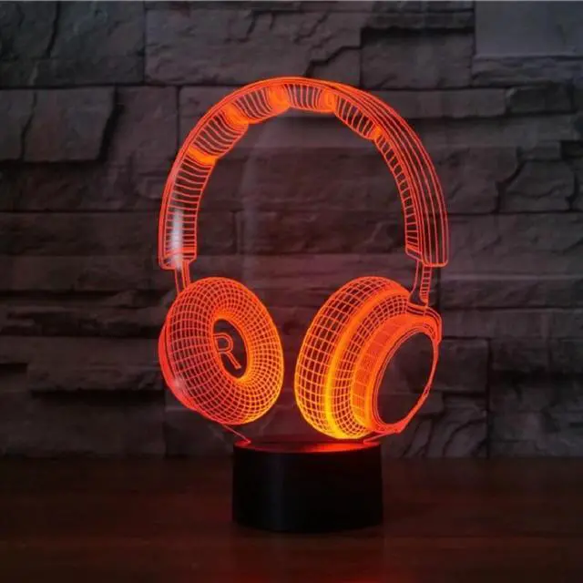 Alt view image 2 of 5 - Headphones Desk 3D Lamp Light Acrylic Plate LED Colorful USB Dry Battery Charging Black White Base Presents Decor