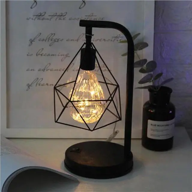 Alt view image 3 of 5 - Retro Iron Art Minimalist Table Lamp AA Battery Hollow Diamond Shape Reading Lamp Vintage NightLight Bedroom Bedside Light