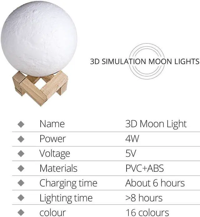 Alt view image 7 of 7 - 3D Magical Moon LED Moonlight Desk Lamp USB Rechargeable 16 Color Change Touch Switch Bedside Lamp Christmas Baby Gift