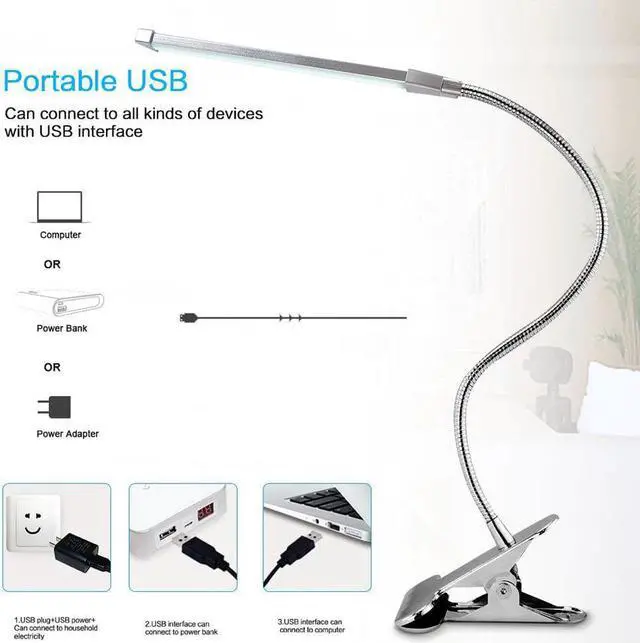 Alt view image 3 of 5 - 80 LED 8W Long Arm Table Lamps LED Desk Read Lamp Office Table Eye Protection Light USB Powered Foldable Dimmer 10 Levels Clamp