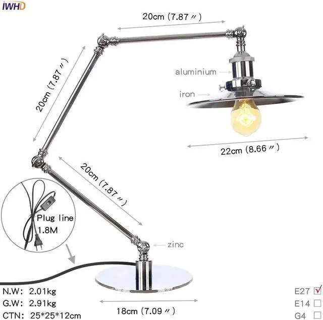 Alt view image 3 of 5 - Silver Vintage Desk Lamp US/EU Plug Bedroom Studying Room Loft Decor Industrial LED Table Lamp Beside Luminaria De Mesa