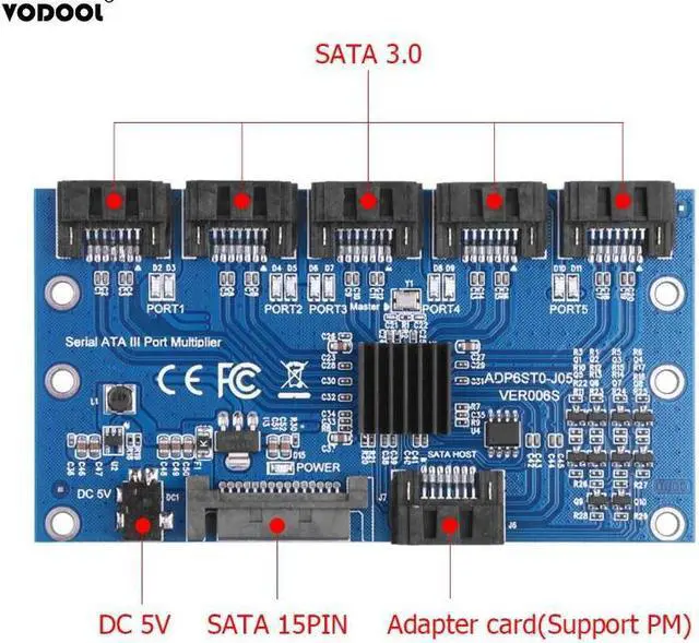 Alt view image 4 of 5 - SATA Expansion Card 1 to 5 Port SATA3.0 Controller Card Motherboard 6Gbps SATA Port Riser Card Adapter for Computer