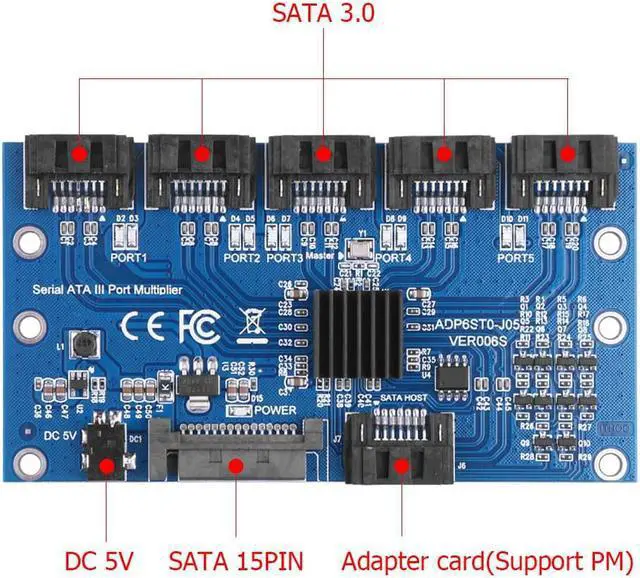 Alt view image 4 of 5 - Express SATA3.0 Expansion Card 1 to 5 Port Motherboard 6Gbps Multiplier SATA Port Riser Card Adapter for HDD Computer