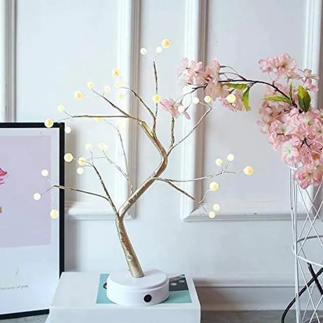 Alt view image 4 of 5 - Battery Table Lamp Pearl 36 LED Warm Light Shimmer Tree Desk Lamp Touch Switch Copper Wire Light For Bedroom Party Decor