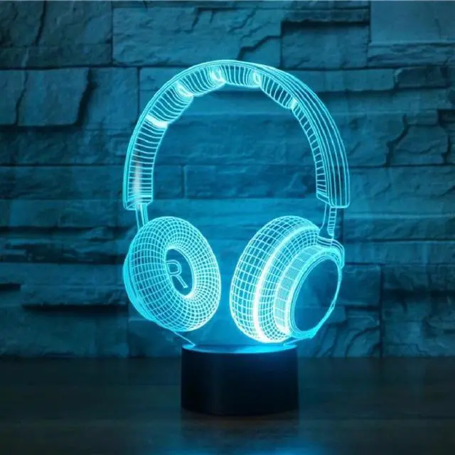 Alt view image 3 of 5 - Headphones Desk 3D Lamp Light Acrylic Plate LED Colorful USB Dry Battery Charging Black White Base Presents Decor