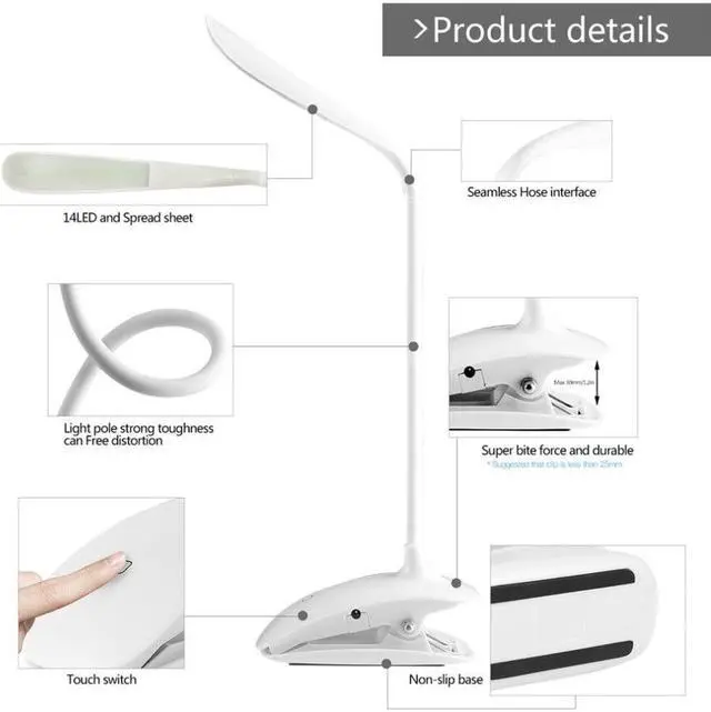 Alt view image 4 of 5 - Bended White LED Desk Lamps with Clamp Clip ABS Rechargeable USB Energy Saving Touch Switch Table Lamps