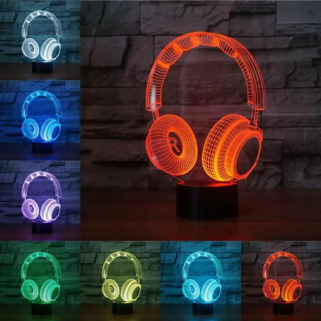 Main image of Headphones Desk 3D Lamp Light Acrylic Plate LED Colorful USB Dry Battery Charging Black White Base Presents Decor
