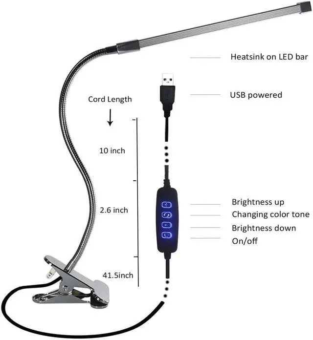 Alt view image 2 of 5 - 80 LED 8W Long Arm Table Lamps LED Desk Read Lamp Office Table Eye Protection Light USB Powered Foldable Dimmer 10 Levels Clamp
