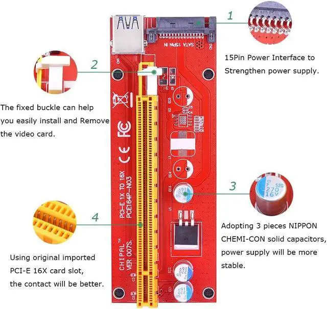 Alt view image 3 of 5 - 100cm 60cm VER007S PCI-E Riser Card PCI Express PCIE X1 to X16 Extender Adapter USB 3.0 Cable 15Pin SATA Power for BTC LT