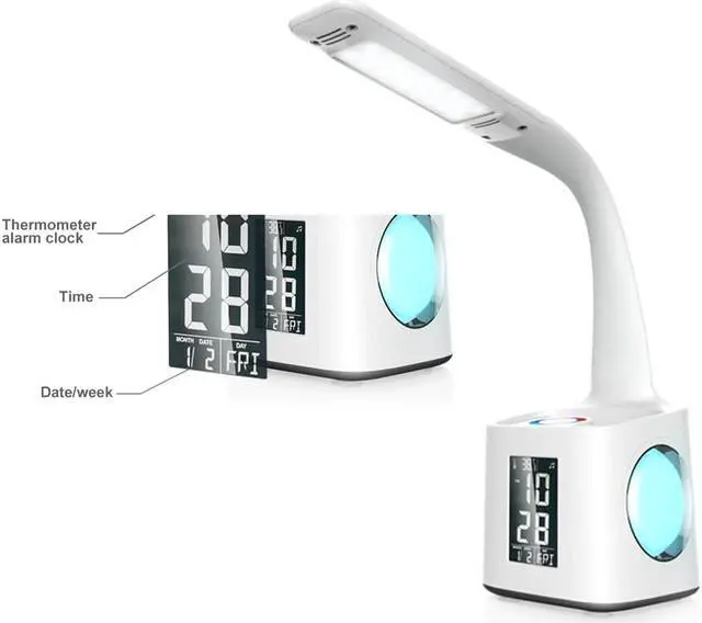 Alt view image 3 of 5 - Desk Lamp With USB Charging Port Night Lamp Alarm Clock Thermometer Calendar 3-Level Dimmer Table Lamp With Pen Holder