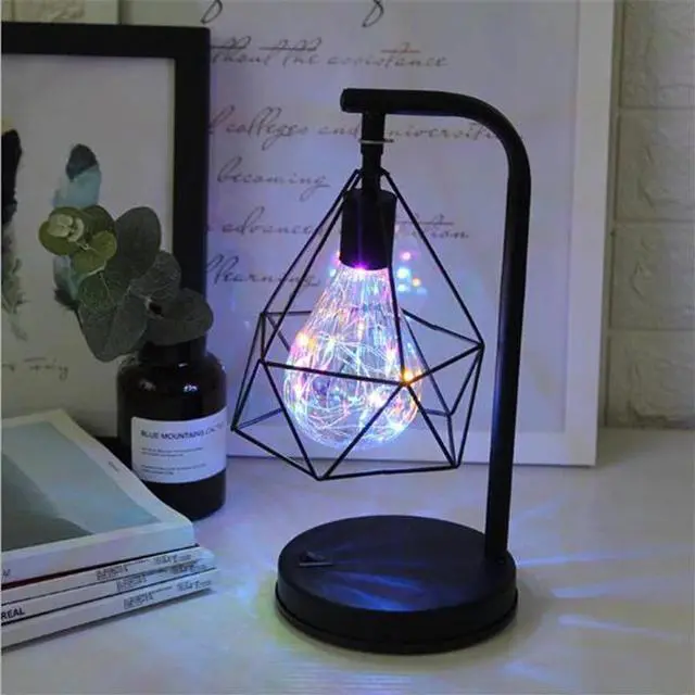 Alt view image 2 of 5 - Retro Iron Art Minimalist Table Lamp AA Battery Hollow Diamond Shape Reading Lamp Vintage NightLight Bedroom Bedside Light