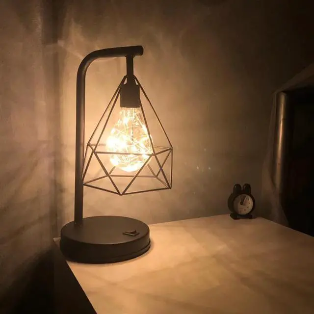 Alt view image 4 of 5 - Retro Iron Art Minimalist Table Lamp AA Battery Hollow Diamond Shape Reading Lamp Vintage NightLight Bedroom Bedside Light