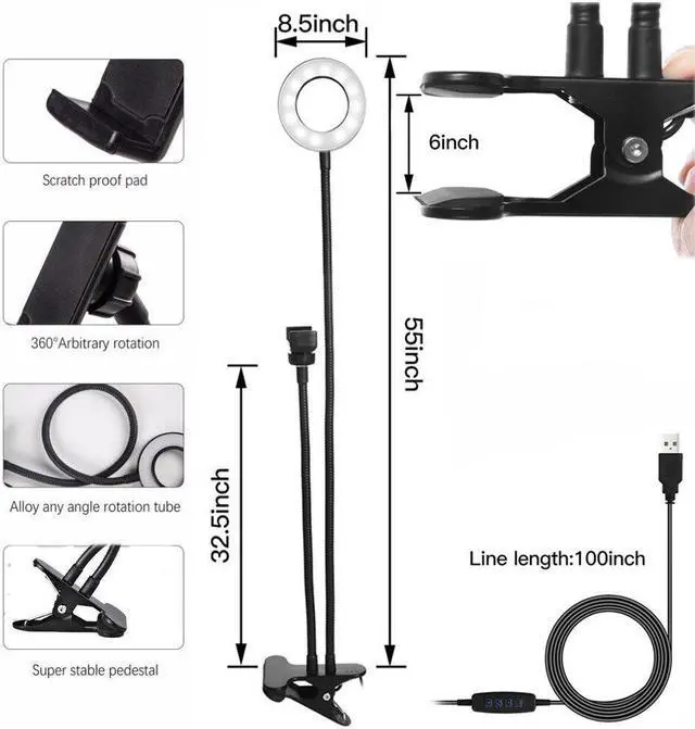 Alt view image 3 of 5 - USB Table Desk Light with LED Ring Flash Light Lamp Tabletop Stand Tripods with Mobile Phone Holder for Video Bloggers