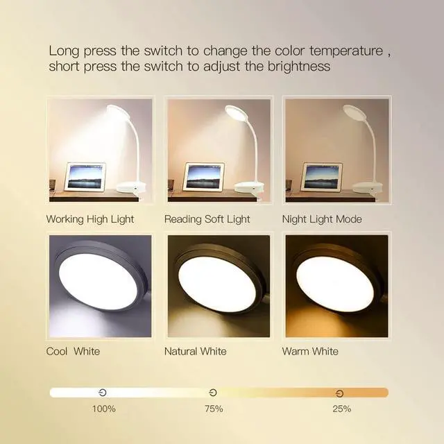 Alt view image 3 of 5 - Rechargeable Led Clamp Desk Lamp Gooseneck Touch Dimming Clip On Reading Light For Book Bed and Computer 3 Color Modes
