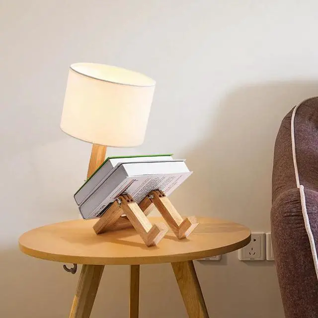 Alt view image 3 of 5 - Robot Shape Table Lamp LED EU/AU/US Plug Flexible Adjustable Folding Reading Light Wooden Fabric Bedside Lamp Luminaria