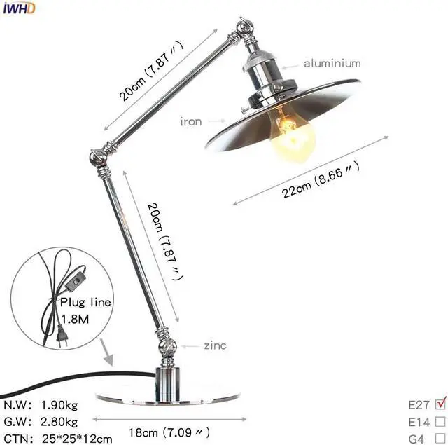 Alt view image 2 of 5 - Silver Vintage Desk Lamp US/EU Plug Bedroom Studying Room Loft Decor Industrial LED Table Lamp Beside Luminaria De Mesa