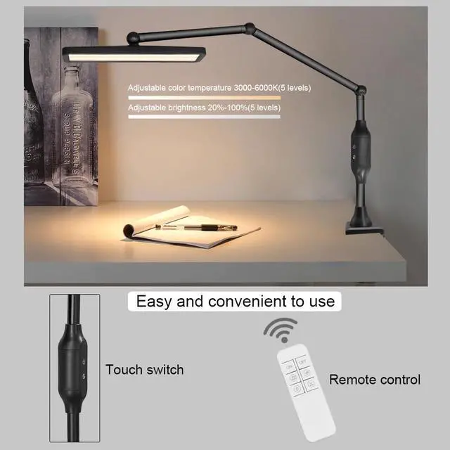Alt view image 4 of 5 - Arm Clip-on Lamp Adjustable Brightness Remote Control Touch Dimmer LED Table Lamp For Reading Room Business Office Work