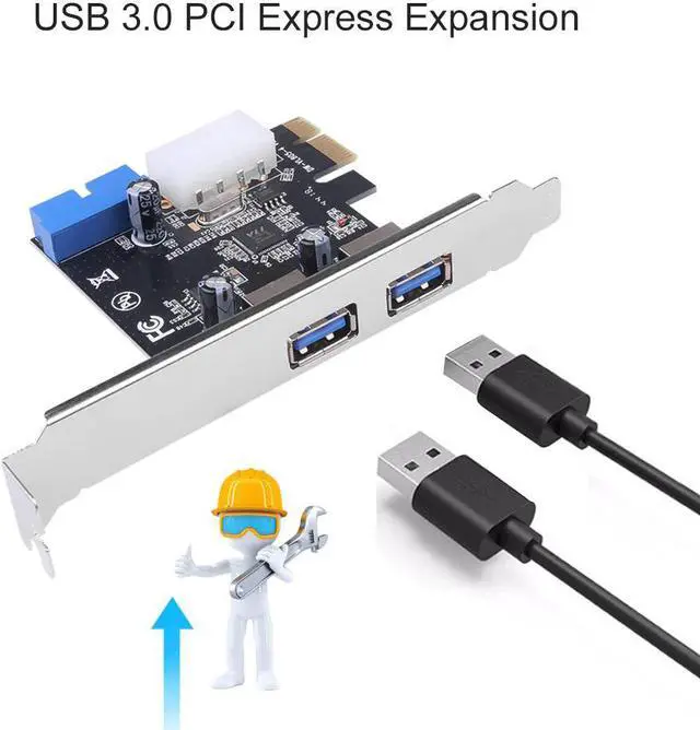 Alt view image 2 of 6 - USB 3.0 PCI-E Expansion Card Adapter 2 Port External USB3.0 Hub Internal 19pin Header PCI-E Card 4pin IDE Power Connector