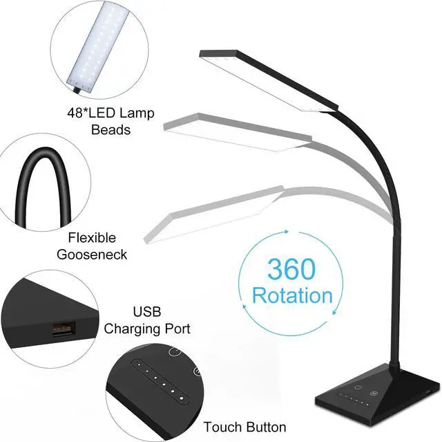 Alt view image 4 of 5 - 7 kinds of brightness dimming table lamp, eye protection reading lamp with full touch control DC 5V USB Charging Port