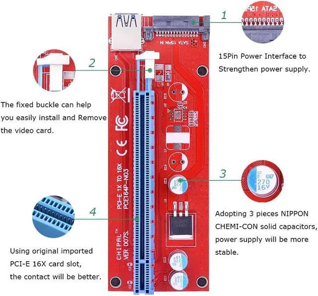 Alt view image 3 of 5 - VER007 PCI-E Riser Card 007S PCI Express PCIE 1X 16X Adapter 60CM 100CM USB 3.0 Cable SATA Power for Bitcoin Mining Miner