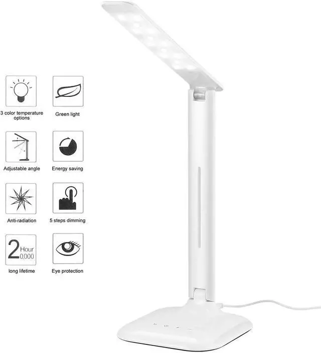Alt view image 5 of 5 - LED Desk Lamp with 5-Level Dimmer USB / Wall Charger Adjustable Dimmable Foldable Touch Control Eye Protection 4W