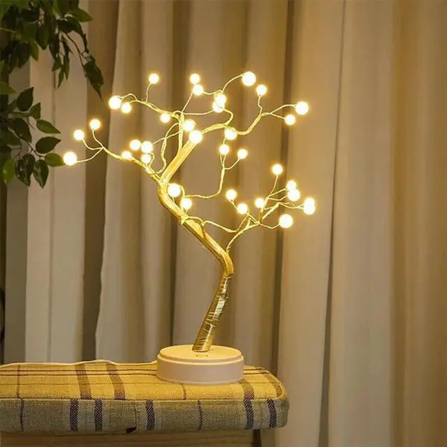 Alt view image 3 of 5 - Battery Table Lamp Pearl 36 LED Warm Light Shimmer Tree Desk Lamp Touch Switch Copper Wire Light For Bedroom Party Decor