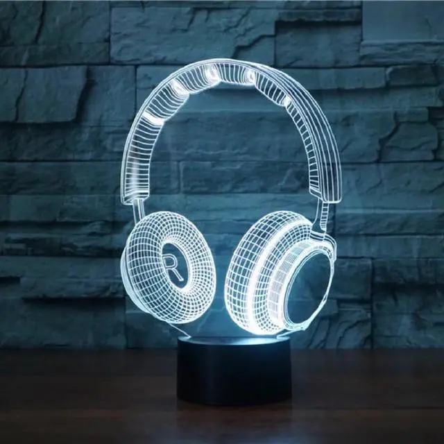Alt view image 4 of 5 - Headphones Desk 3D Lamp Light Acrylic Plate LED Colorful USB Dry Battery Charging Black White Base Presents Decor